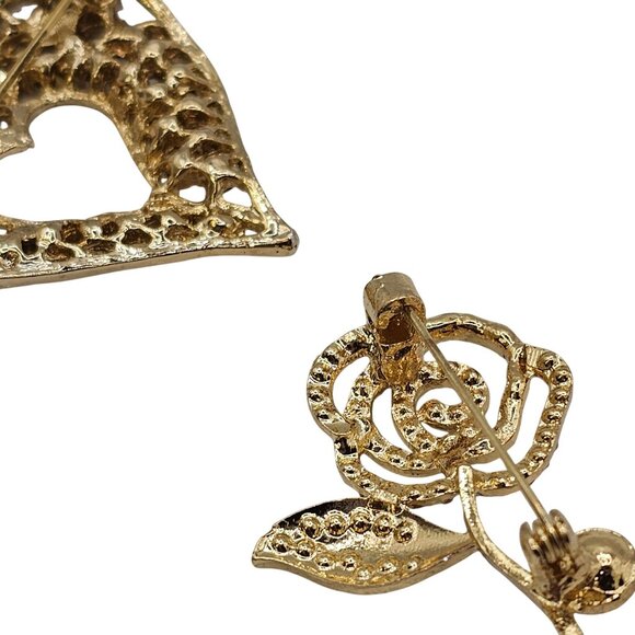 VTG Brooch Set 2PC Gold Tone Clear Rhinestone Rose Faux Pearl Heart Jewelry Pins - Picture 3 of 10